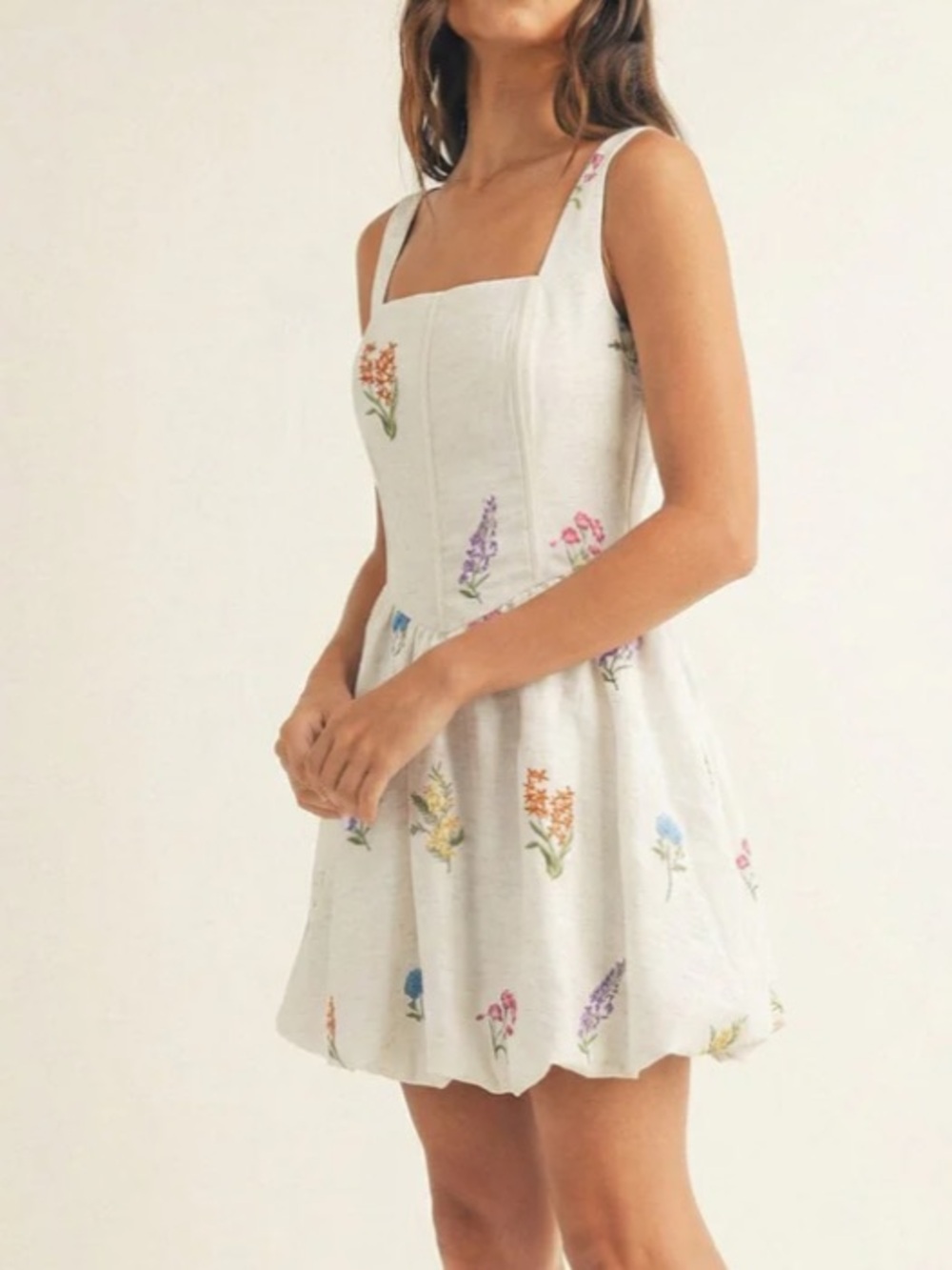 Boho womans garden White Floral Embroidered Square-Neck mini Sundress S-M-L - Picture 3 of 3